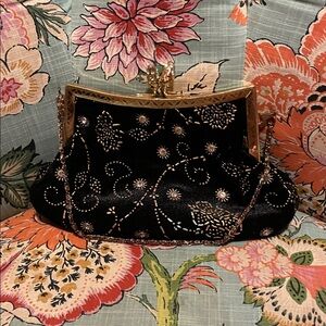 FAR NINE Elegant VELVET Black Beaded Evening Bag WITH GOLD CHAIN!
